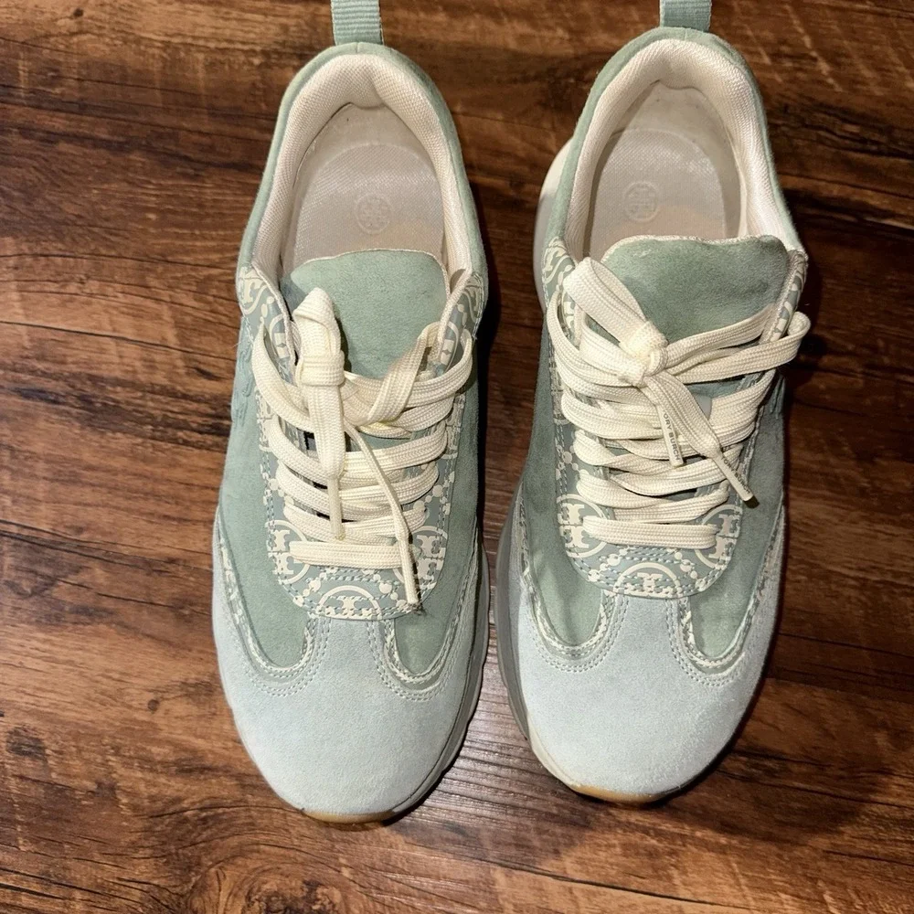 Tory Burch Green Good Luck Lace Up Trainer Sneakers Womens Size 8